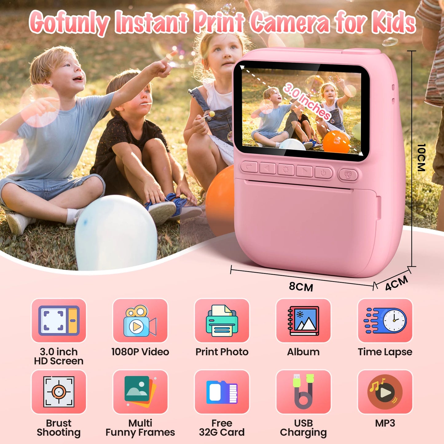 Instant Print Kids Camera – 32MP HD, 3.0'' Screen, 1080P with 3 Paper Rolls