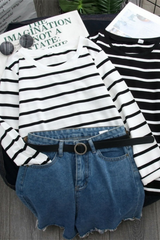 Black Striped Western Style Shirt Women's Long-sleeved T-shirt