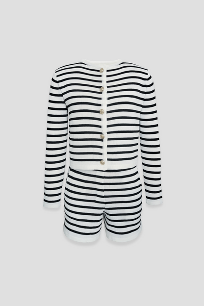Women's Striped Knit Cardigan & High-Waist Shorts Set