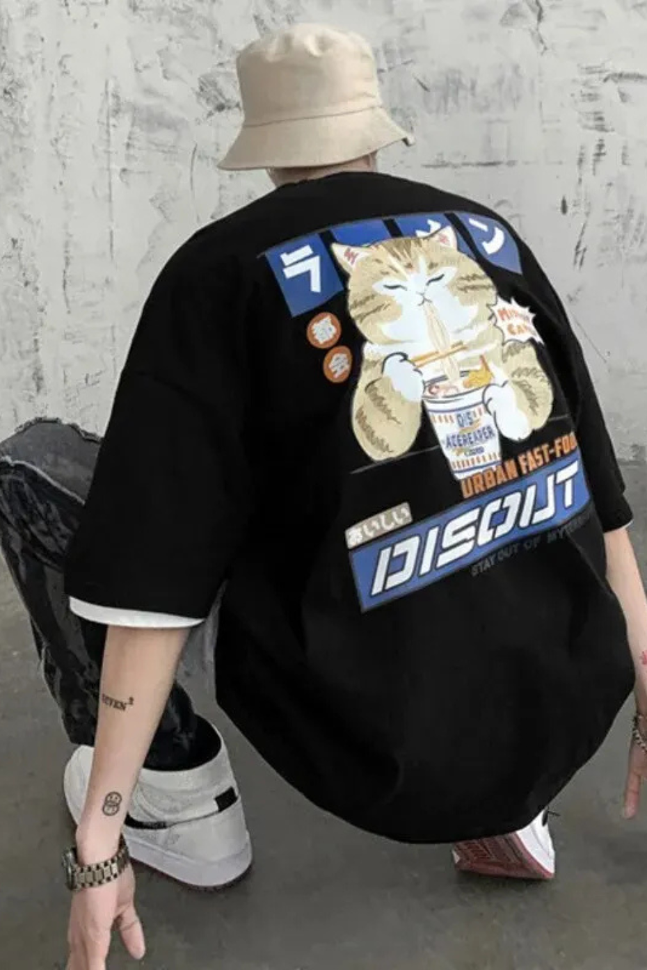Men's 100% Cotton Japanese Anime Cat T-Shirt - Oversized Summer Tee
