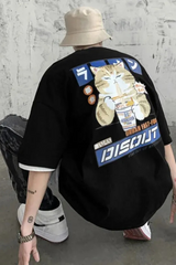 Men's 100% Cotton Japanese Anime Cat T-Shirt - Oversized Summer Tee