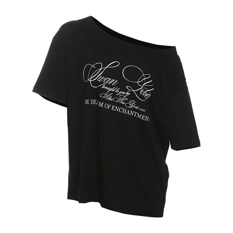 PixieKiki Oversized One-Shoulder T-Shirt – Letter Print Graphic Summer Top