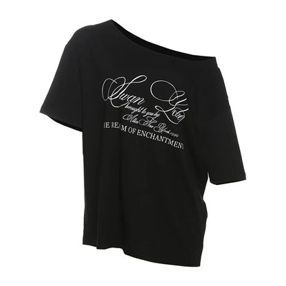 PixieKiki Oversized One-Shoulder T-Shirt – Letter Print Graphic Summer Top