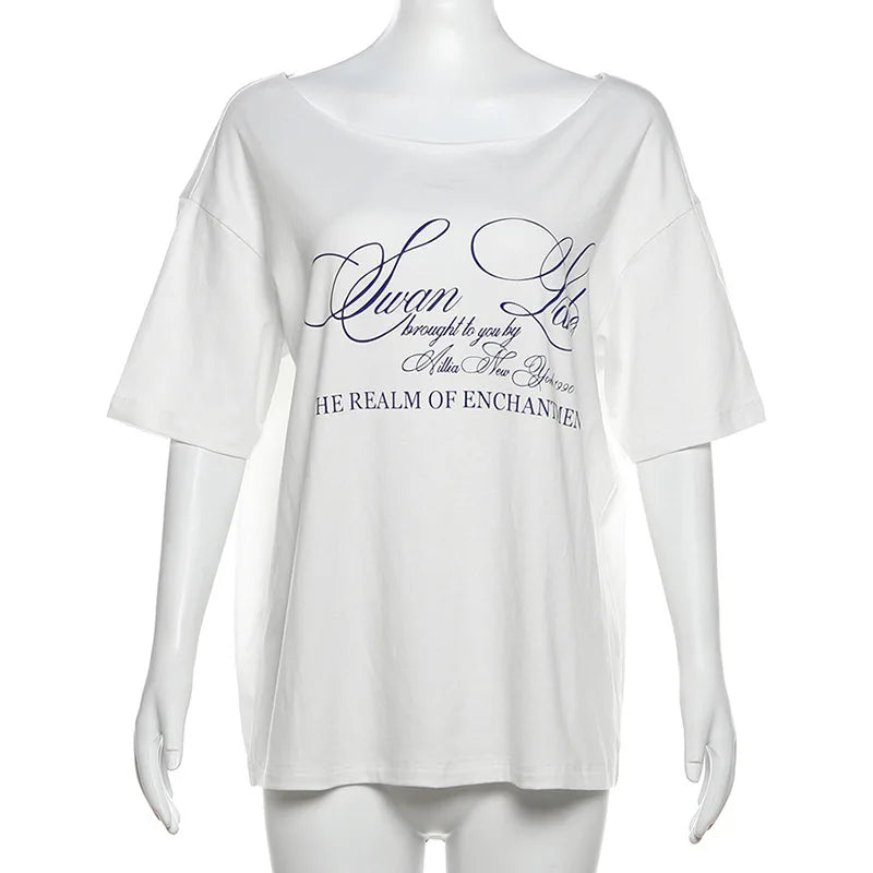 PixieKiki Oversized One-Shoulder T-Shirt – Letter Print Graphic Summer Top