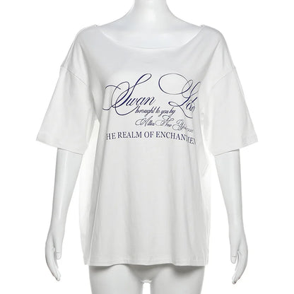PixieKiki Oversized One-Shoulder T-Shirt – Letter Print Graphic Summer Top