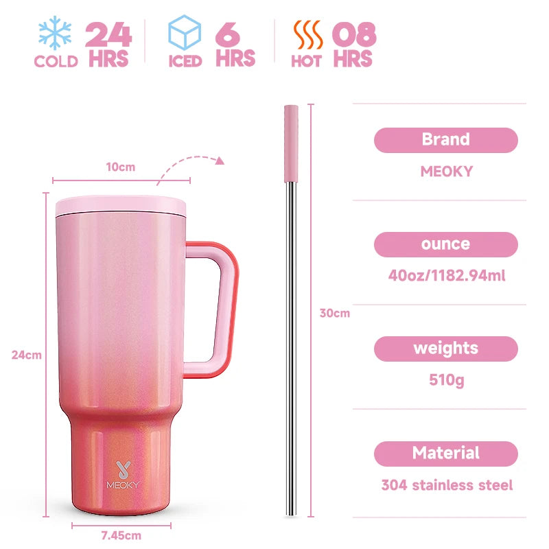 Meoky 40oz Stainless Steel Insulated Tumbler – Large Cup with Straw & Lid