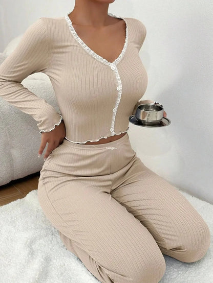 Women's Lace Pajama Set – 2-Piece Long Sleeve Winter Loungewear
