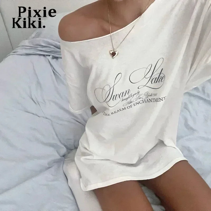 PixieKiki Oversized One-Shoulder T-Shirt – Letter Print Graphic Summer Top