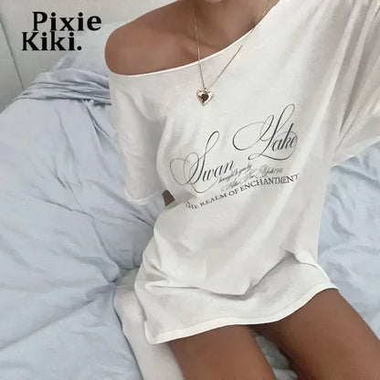 PixieKiki Oversized One-Shoulder T-Shirt – Letter Print Graphic Summer Top