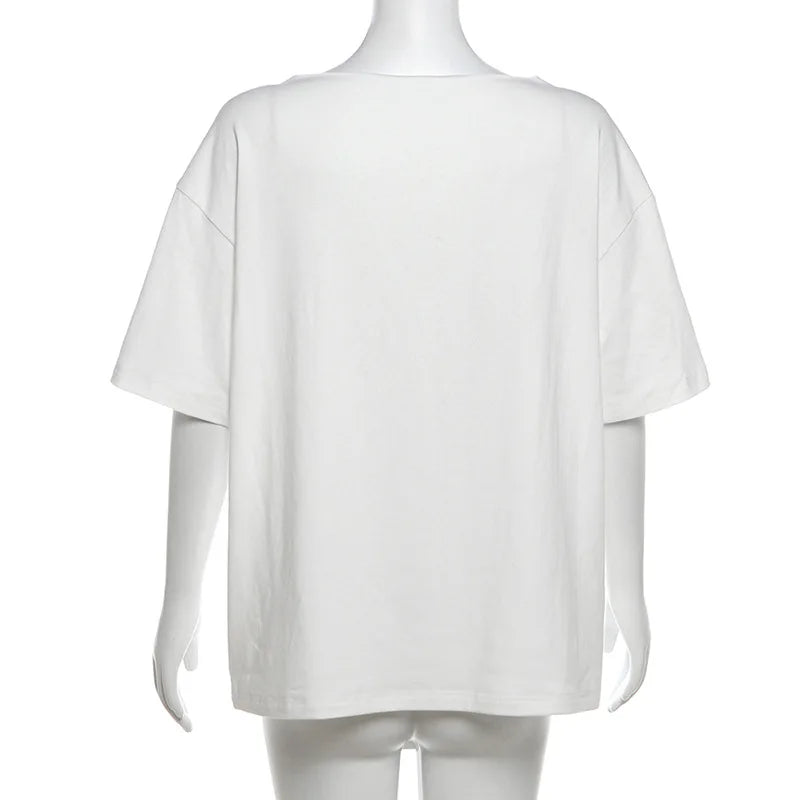 PixieKiki Oversized One-Shoulder T-Shirt – Letter Print Graphic Summer Top