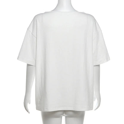 PixieKiki Oversized One-Shoulder T-Shirt – Letter Print Graphic Summer Top