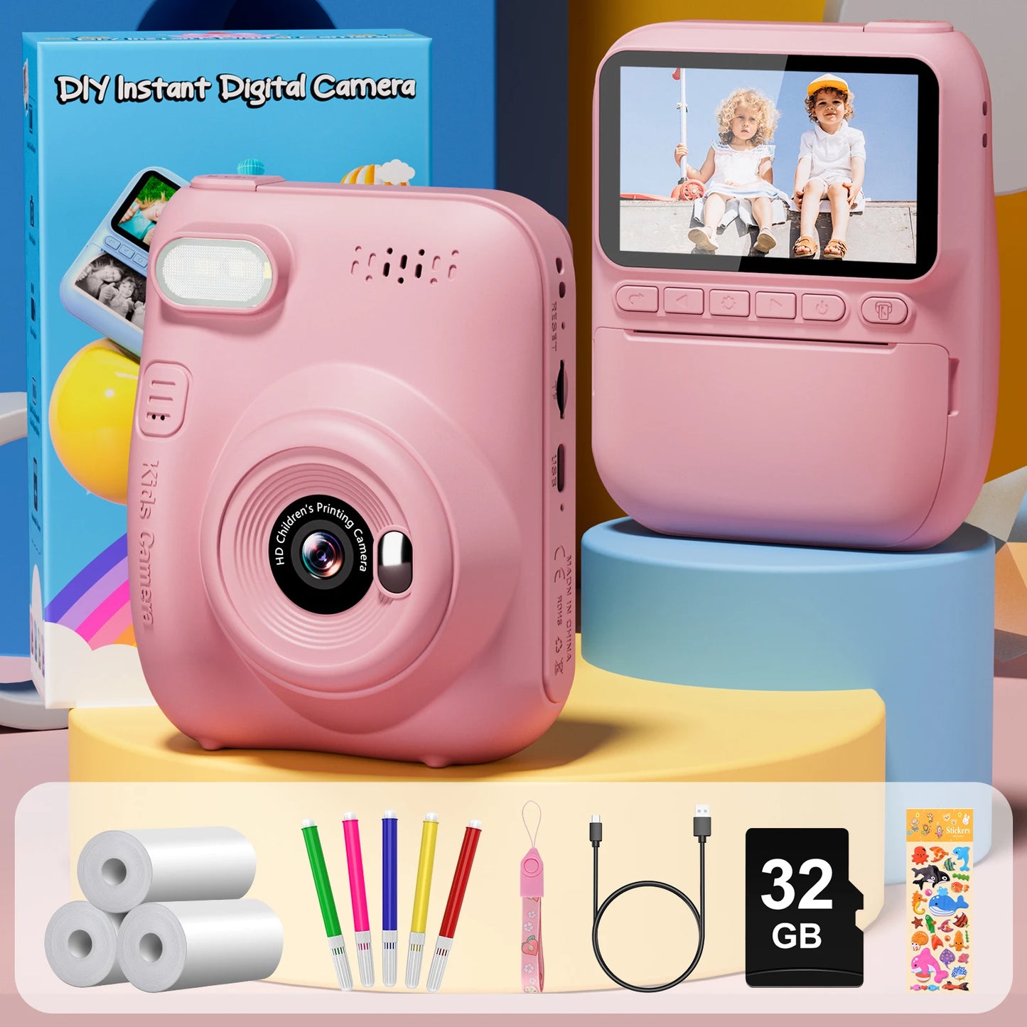 Instant Print Kids Camera – 32MP HD, 3.0'' Screen, 1080P with 3 Paper Rolls