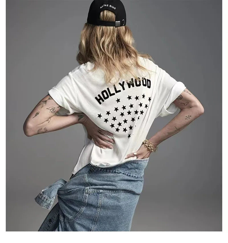 Women's AB Letter BING Star Print Cotton T-Shirt – Casual Summer Tee