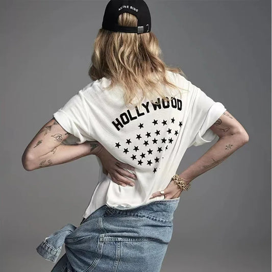 Women's AB Letter BING Star Print Cotton T-Shirt – Casual Summer Tee
