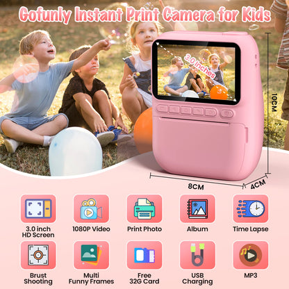 Instant Print Kids Camera – 32MP HD, 3.0'' Screen, 1080P with 3 Paper Rolls