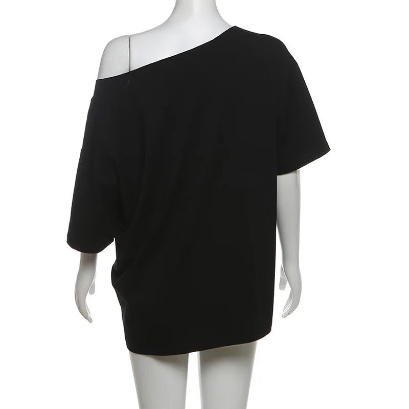 PixieKiki Oversized One-Shoulder T-Shirt – Letter Print Graphic Summer Top