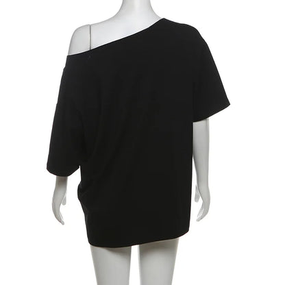 PixieKiki Oversized One-Shoulder T-Shirt – Letter Print Graphic Summer Top