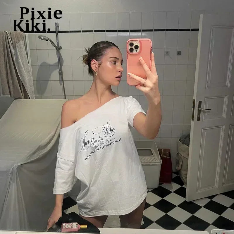 PixieKiki Oversized One-Shoulder T-Shirt – Letter Print Graphic Summer Top