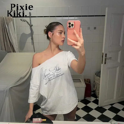 PixieKiki Oversized One-Shoulder T-Shirt – Letter Print Graphic Summer Top
