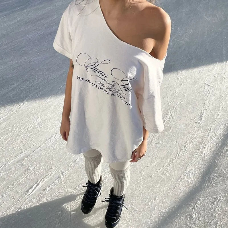 PixieKiki Oversized One-Shoulder T-Shirt – Letter Print Graphic Summer Top