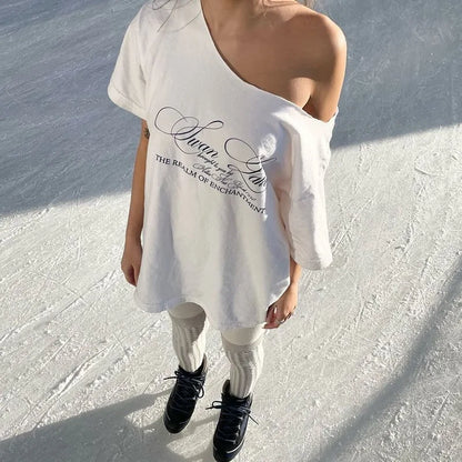 PixieKiki Oversized One-Shoulder T-Shirt – Letter Print Graphic Summer Top