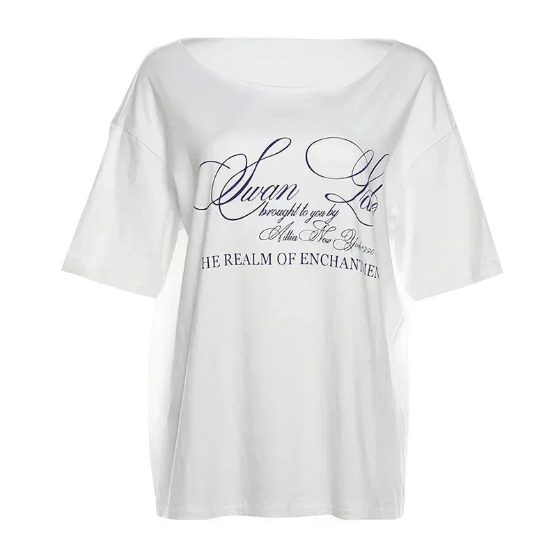 PixieKiki Oversized One-Shoulder T-Shirt – Letter Print Graphic Summer Top
