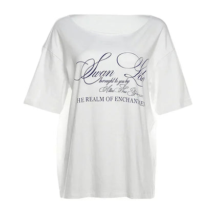 PixieKiki Oversized One-Shoulder T-Shirt – Letter Print Graphic Summer Top
