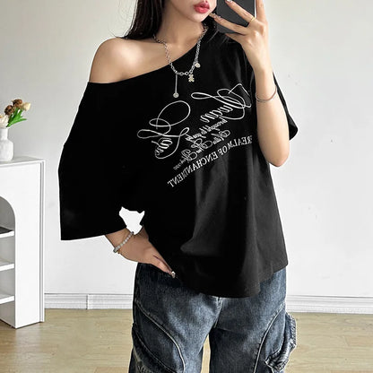 PixieKiki Oversized One-Shoulder T-Shirt – Letter Print Graphic Summer Top