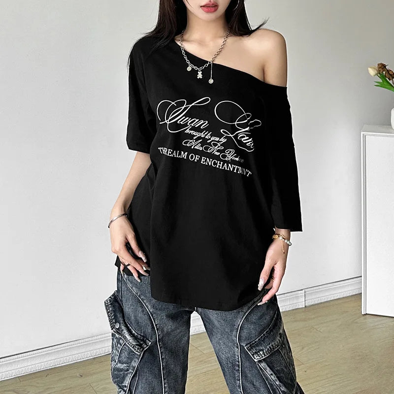 PixieKiki Oversized One-Shoulder T-Shirt – Letter Print Graphic Summer Top