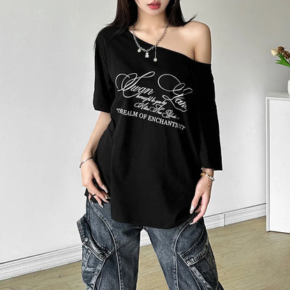 PixieKiki Oversized One-Shoulder T-Shirt – Letter Print Graphic Summer Top