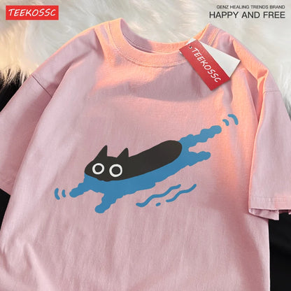 Couple T-Shirts – Black Cat Diving Print, Loose Cotton Short-Sleeve Tee