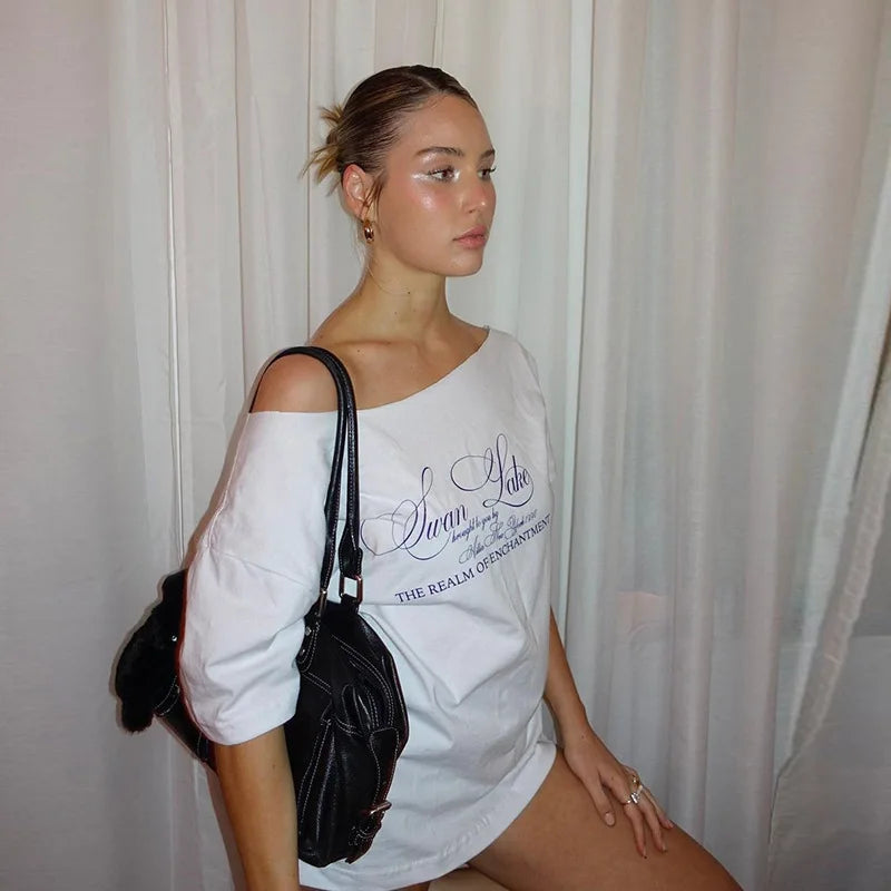 PixieKiki Oversized One-Shoulder T-Shirt – Letter Print Graphic Summer Top