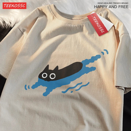 Couple T-Shirts – Black Cat Diving Print, Loose Cotton Short-Sleeve Tee