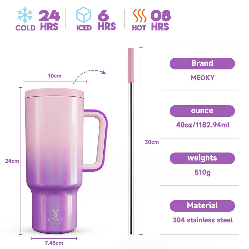 Meoky 40oz Stainless Steel Insulated Tumbler – Large Cup with Straw & Lid