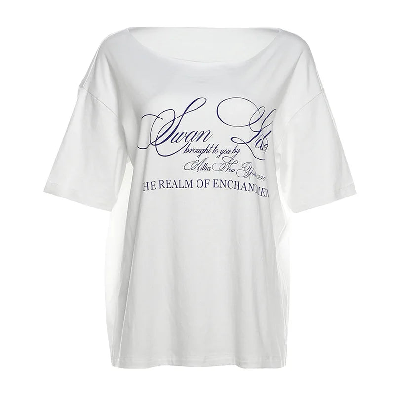 PixieKiki Oversized One-Shoulder T-Shirt – Letter Print Graphic Summer Top