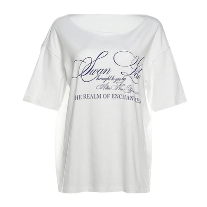 PixieKiki Oversized One-Shoulder T-Shirt – Letter Print Graphic Summer Top