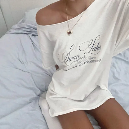 PixieKiki Oversized One-Shoulder T-Shirt – Letter Print Graphic Summer Top