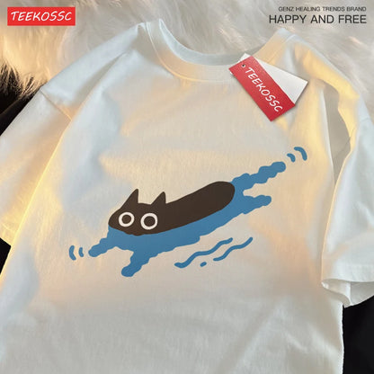 Couple T-Shirts – Black Cat Diving Print, Loose Cotton Short-Sleeve Tee