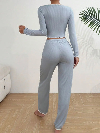 Women's Lace Pajama Set – 2-Piece Long Sleeve Winter Loungewear