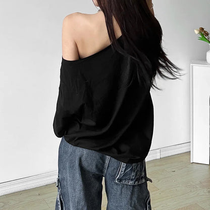 PixieKiki Oversized One-Shoulder T-Shirt – Letter Print Graphic Summer Top