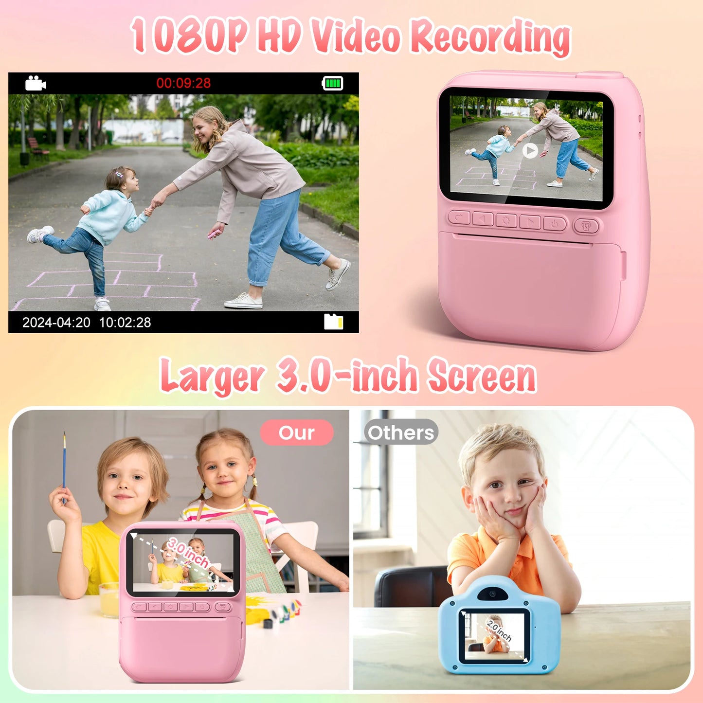 Instant Print Kids Camera – 32MP HD, 3.0'' Screen, 1080P with 3 Paper Rolls