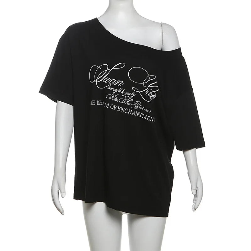 PixieKiki Oversized One-Shoulder T-Shirt – Letter Print Graphic Summer Top