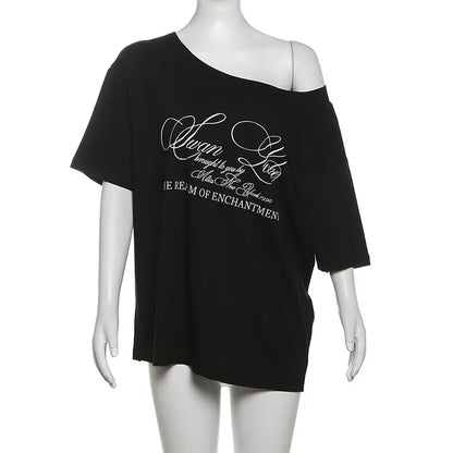 PixieKiki Oversized One-Shoulder T-Shirt – Letter Print Graphic Summer Top