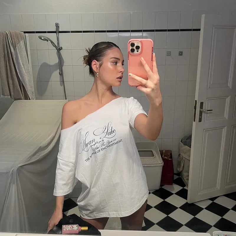 PixieKiki Oversized One-Shoulder T-Shirt – Letter Print Graphic Summer Top