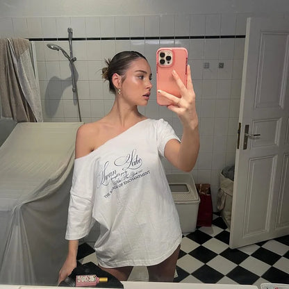 PixieKiki Oversized One-Shoulder T-Shirt – Letter Print Graphic Summer Top