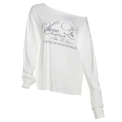 PixieKiki Oversized One-Shoulder T-Shirt – Letter Print Graphic Summer Top