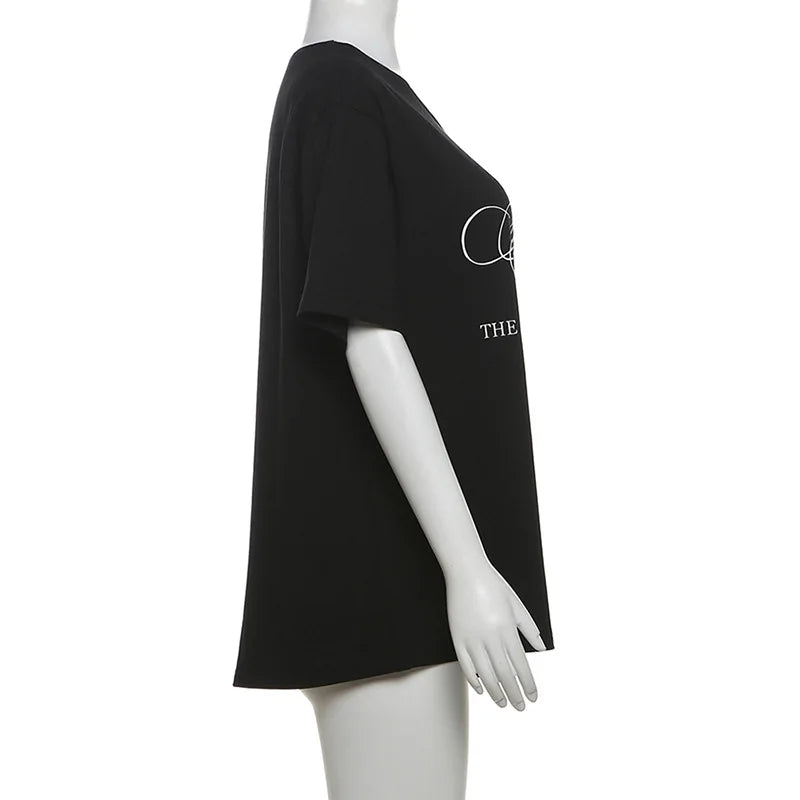 PixieKiki Oversized One-Shoulder T-Shirt – Letter Print Graphic Summer Top