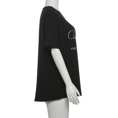 PixieKiki Oversized One-Shoulder T-Shirt – Letter Print Graphic Summer Top