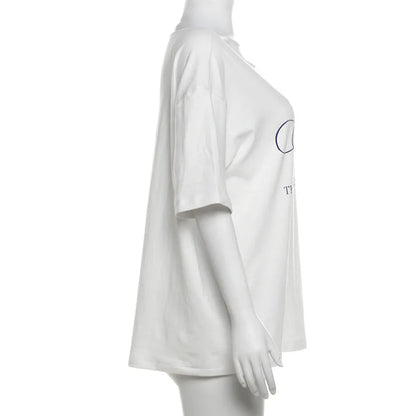 PixieKiki Oversized One-Shoulder T-Shirt – Letter Print Graphic Summer Top